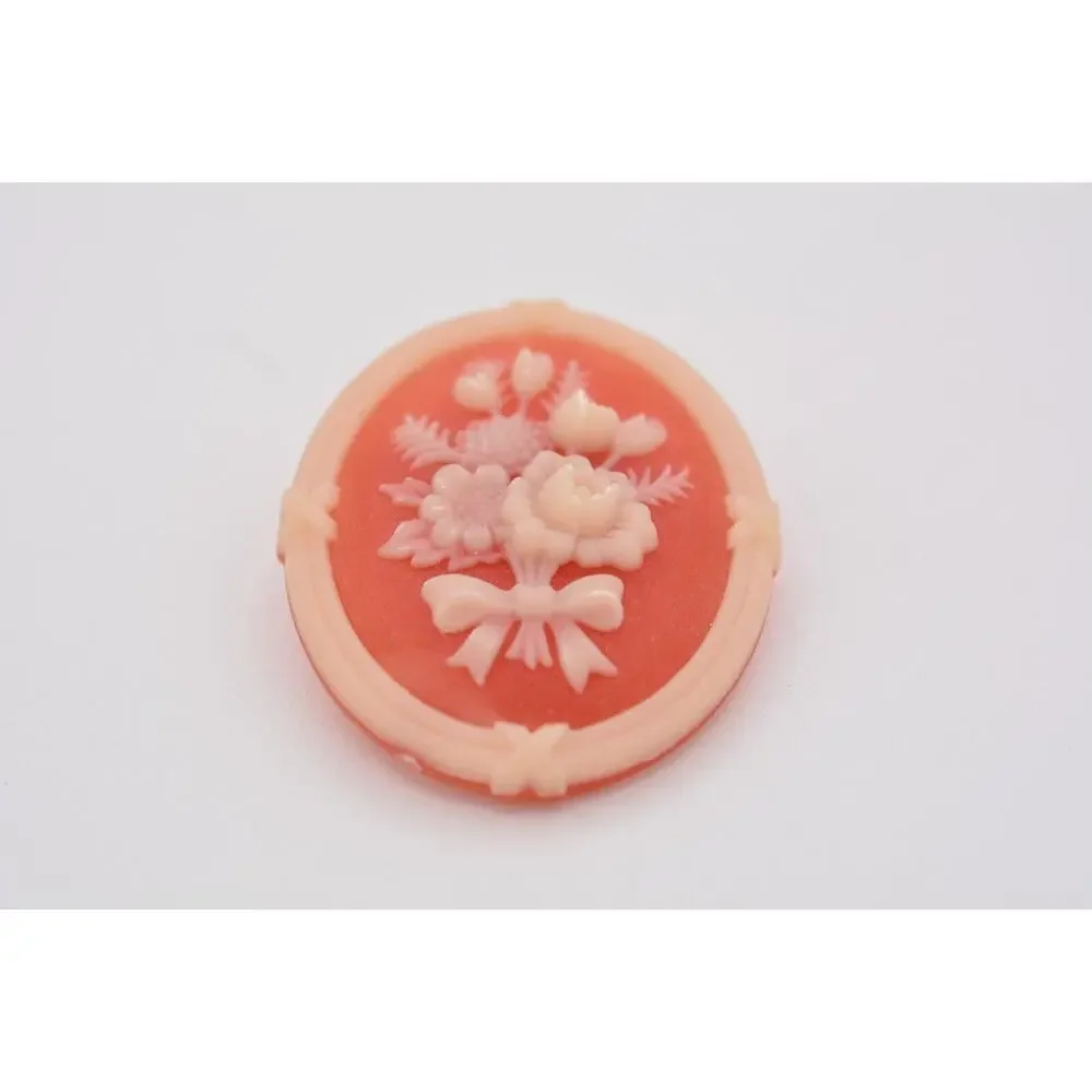 Avon Vintage Flower Cameo Pin Brooch Red White Bouquet Bow Oval Signed 70s Bin5A